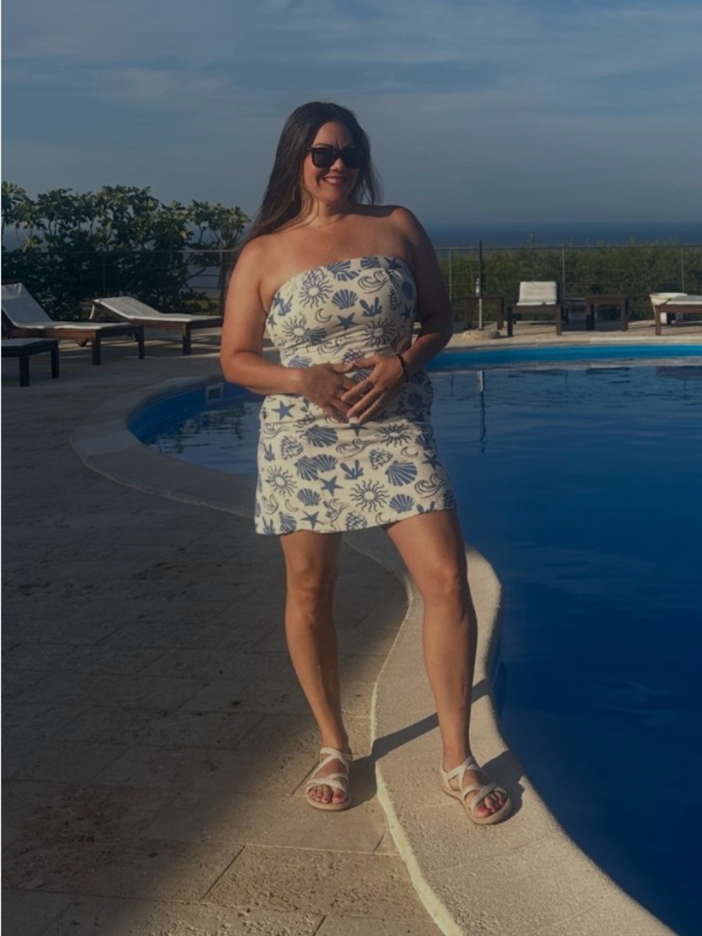 🐚 Blue Shell & Sun Print Strapless Dress